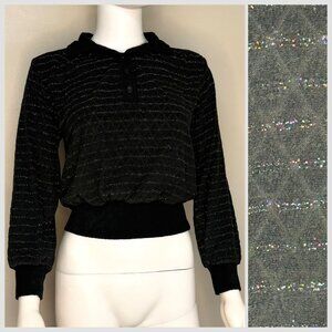 Vintage 1970s Black Terry Cloth Collared Sweater, Glitter Stripes, Size XS-Small